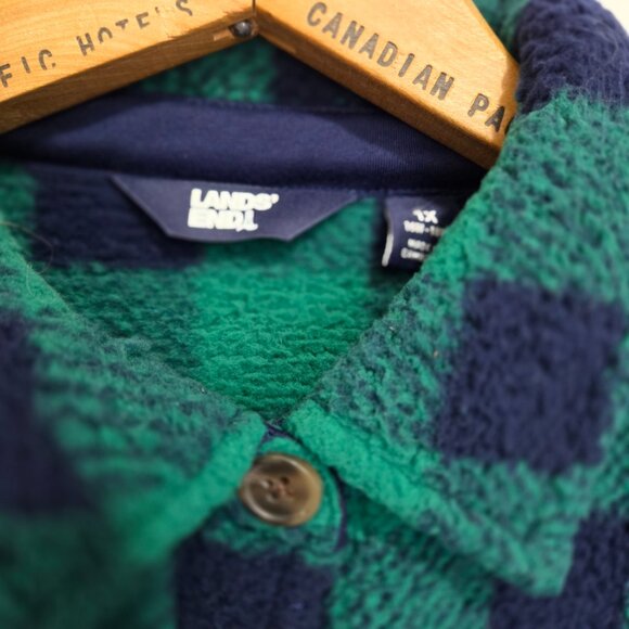 Lands End Women's Green Blue Buffalo Plaid Fleece Button Front Pockets 1X 16-18W - Picture 3 of 12